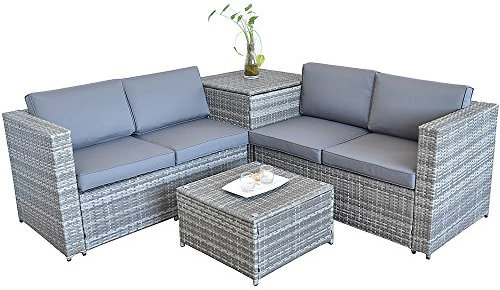 Melko Ecklounge Polyrattan mit Kissenbox Lounge Sitzgruppe 185x185CM Garten Ecksofa Gartengarnitur
