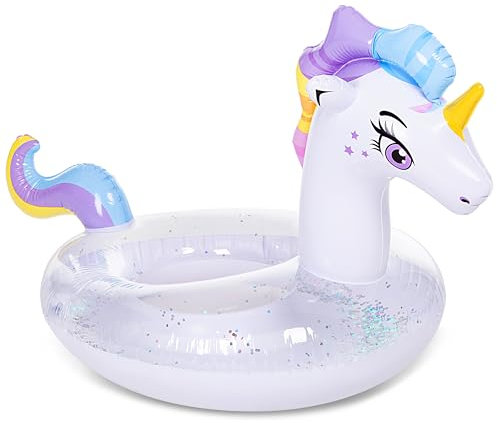 JOYIN inflable del flotador de unicornio con brillos, tubos flotantes, fun beach floaties, juguetes para la piscina, decoraciones del partido de verano para niños (51” x 33.5” x 32.5” )