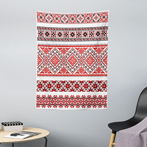 ABAKUHAUS Kunst Wandteppich, Ukranian Aufwändige Borders aus Weiches Mikrofaser Stoff Waschbar ohne Verblassen Digitaldruck, 110 x 150 cm, Zinnoberrot Weiß Schwarz