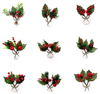 Sureh Stechpalmenblätter, rote Beeren, 16,5 cm, künstliche rote Stechpalmenblätter, Beerenplektren, Mini-Beeren-Stiele für Urlaub, Basteln, Weihnachtsbaum und Kranz, 9 Stück
