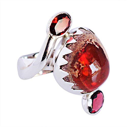 Mexikanischer Feuer-Opal & Granat 925 massives Sterlingsilber Ring wunderschöner Designer-Schmuck für Mädchen -5603, Stein, Mexikanischer Feueropal & Granat