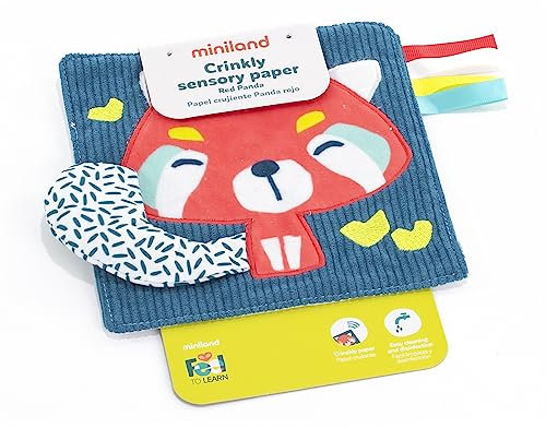 Miniland Knistertuch für Babys, roter Panda. Sinnesanregung für 0 bis 6 Monaten. Kollektion Feel to Learn