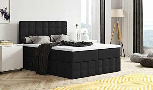 Moderne Boxspringbett MERA Premium Bett mit Bettkasten Ziernähten Bonell Matratze H3 Federkern Topper Polsterbett Doppelbett Schlafzimmer (Schwarz - Madryt 1100 (Kunstleder), 140 x 200)