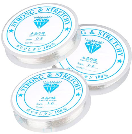 3 Rollos Bobina de Goma Elastica, 0.6mm 0.8mm 1mm Hilo de Abalorios Elástico Transparente Cuerda para Hacer Pulseras Manualidades