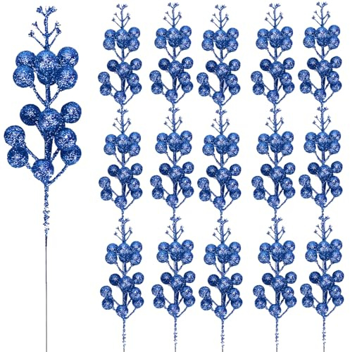 KKSTY Pack of 16 Christmas Glitter Berry Stem, Artificial Berry Picks Holly Berries Branches for Christmas Tree Decoration Wreath Making Supplies DIY Crafts Holiday Season Winter Home Decor (Blue)