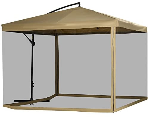 Outsunny Parasol Excéntrico Ø 295 cm Sombrilla de Jardín con Ángulo Ajustable Mosquiteras Base Cruzada y Manivela para Terraza Patio Exterior Beige