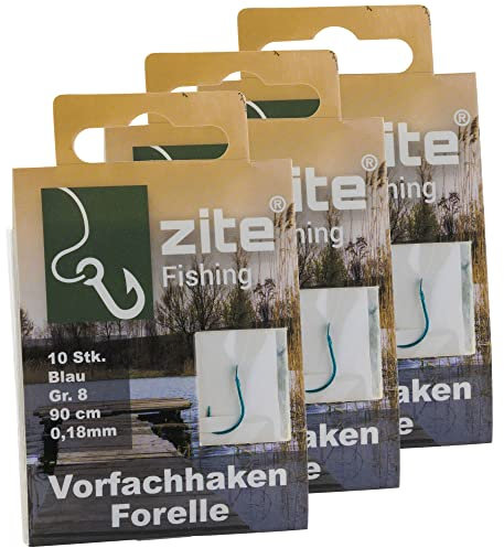 Zite Fishing Vorfach-Haken Forelle Gebunden 30 Stück – Größe 8 Angelhaken mit Vorfach-Schnur – Forellenhaken Blau mit Angelschnur