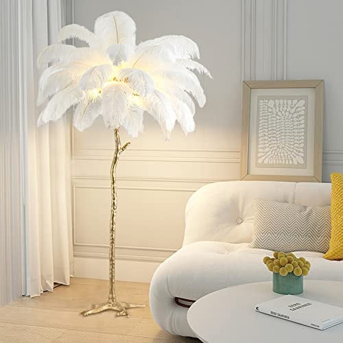KISFWIU Stehlampe, Straußenfederlampe mit 35 Federn, Goldener Lampenmast aus Harz, große Stehlampe, geeignet für Schlafzimmer und Wohnzimmer, 170 x 110 cm (White)