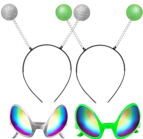 COLEESON 4 Stück Alien Kostüm Kinder, 2 Stück Antennen Kopfband 2 Stück Alien Sonnenbrille, Weltraum Kostüm, Alien Kostümzubehör für Halloween, Weihnachten,Karneval,Maskerade,Themenparty (A)