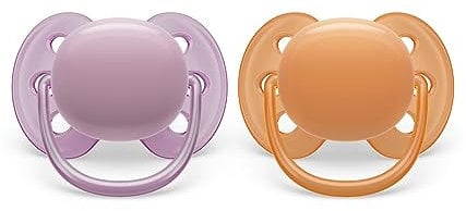Philips AVENT ultra soft Schnuller - 2er Pack, BPA-freier, weicher Schnuller für Babys von 6-18 Monaten, inklusive Transport- und Sterilisationsbox, lila/orange (Modell SCF091/33)