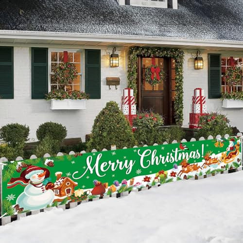 Frohe Weihnachten Banner, Große Weihnachtsbanner für Merry Christmas Deko, Banner Weihnachten mit Santa Claus Rentier Schneemann Hintergrund, Merry Christmas Banner für Zaun Schilder Weihnachtsdeko