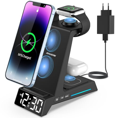ANJANK Chargeur Induction - Reveil Chargeur sans Fil 4 en 1, Socle de Recharge pour iPhone 15 14 13 12 11 Pro Max/Samsung Phone, pour AirPods Pro/3/2, Apple Watch 9/8/7/6/5/SE/4/3/2