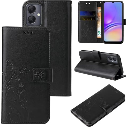 LBH Handy Hülle für Samsung Galaxy A05 Case Handytasche Schmetterling Blumen Flower Standfunktion Schutzhülle Magnet Rundum Schutz 360 Grad Flipcase Cover Schwarz