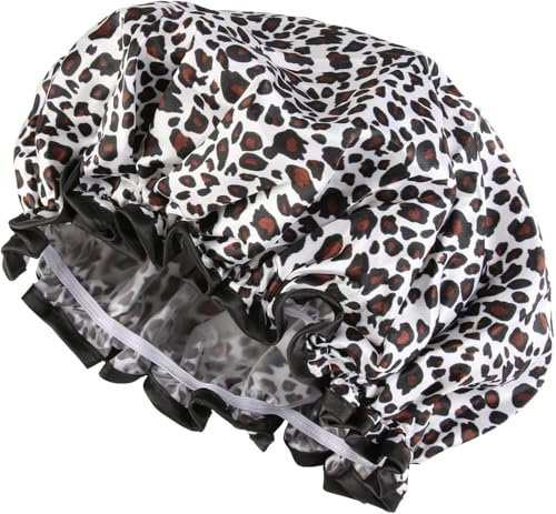 Shower Cap, Waterproof Bath Caps Reusable Shower Hats, Double Layer Shower Hat with EVA Lining and Elastic Band Ruffled Edge, Large Bath Hair Cap for Women Men Home and Travel Use (Leopard Print)