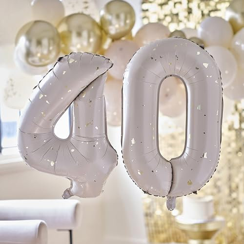 Ginger Ray Paquete de globos de papel de aluminio para cumpleaños número 40, neutros y dorados, con pajita, 26 pulgadas