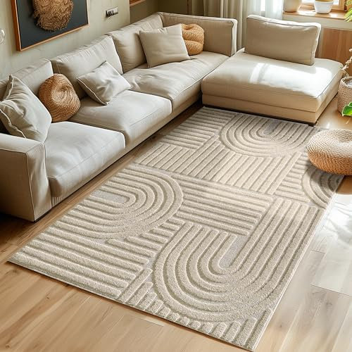 Hochflor Teppich Wohnzimmer Küchenteppich Schlafzimmer Läufer Flur Skandi Boho Teppich 3D Design Flauschig Weich, Größe: 120 x 170 cm Farbe: Beige