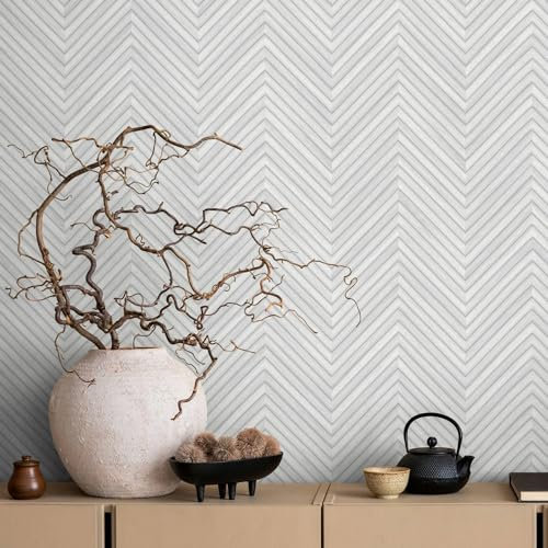 K&L Wall Art Holzoptik Tapete Fischgrätenmuster Weiß Grau Vliestapete Holz Boho Holztapete