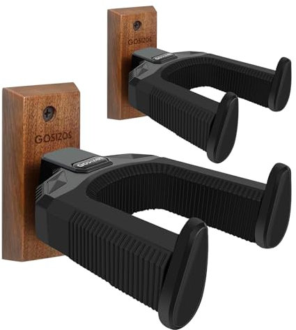 Gosizos Gitarrenhalter für die Wand, Auto Locking Aitarren Wandhalterung, Holz für Gitarrenhalter für Akustische E-Gitarre, Bass, Banjo, Mandoline, Gitarrenzubehör (Walnuss x 2)