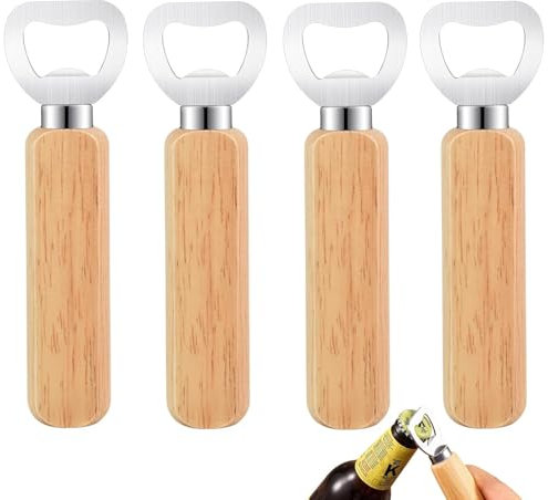 QINGHEC 4 Pcs Wood Wine Bottle Opener, Beer Bottle Openers, Soft Drinks Bottle Opener for Home Bar Restaurant Wedding Favors, Wood Handle Handheld
