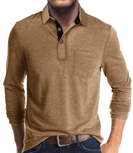 Rodawu Mens Long Sleeve Polo Shirts Golf Tops Casual Smart Polo T-Shirts Grandad T Shirt Designer Khaki T Shirt Men M