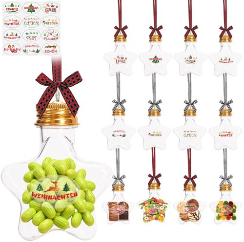 LAMEK 12 Stück Weihnachtskugeln zum Befüllen 50ml Christbaumkugeln Stern Weihnachtsbaum Anhänger Transparente Weihnachten Flaschen Füllbare Baumschmuck für Bonbon Getränke Mini Weihnachten Geschenke
