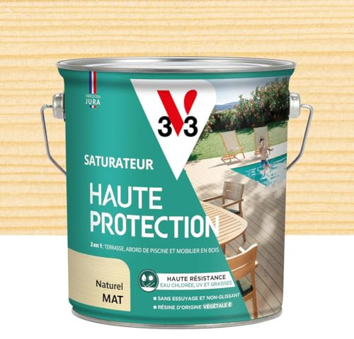 V33 Saturateur bois extérieur Naturel mat - Pour terrasses et mobilier de jardin - Haute résistance eau chlorée, UV et graisse - Sans essuyage et non glissant - Résine d'origine végétale - 2,5L
