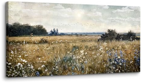 MHARTK66 Retro Wiese Leinwand Bilder, 50x100 cm Groß Wandbilder Wohnzimmer Vintage Landschaft Bild Aesthetic, Modern Wanddeko Kunstdruck Schlafzimmer Badezimmer Büro Esszimmer Küche