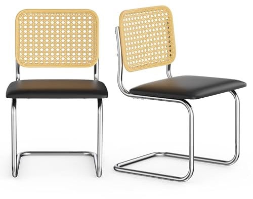 VonHaus Dining Chairs Set of 2 - Rattan Effect Cantilever Kitchen Chairs - Mid Century Black Padded Seat with Chrome Frame - For Kitchen & Dining Room