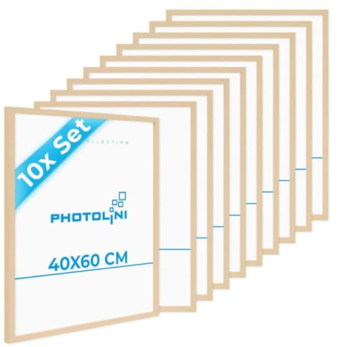 PHOTOLINI Cadres 40x60 bois MDF naturel, cadre 40x60 lot de 10 pour poster et affiches, cadre 40 x 60 verre acrylique incassable, cadre photo 60x40 à suspendre, avec accessoires supplémentaires