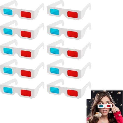 FLKWOP 10 Pairs Paper 3D Glasses Disposable 3D Glasses Red Blue Cardboard & White Glasses