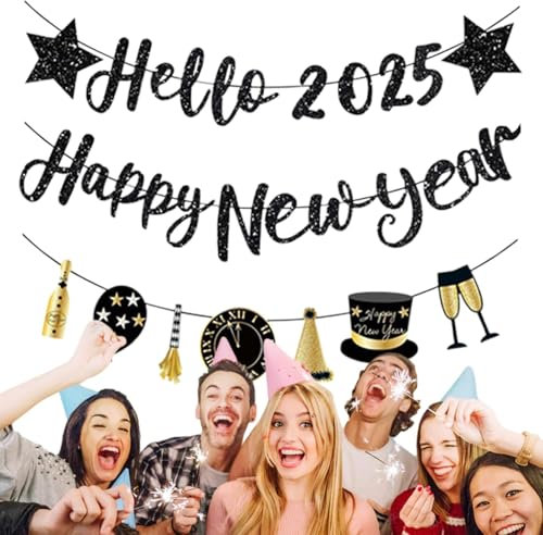 Frohes Neues Jahr-Schild, Frohes Neues Jahr-Banner 2025,Glitzer-Gold-Frohes Neues-Jahr-Schild | Schimmernde Banner-Schilder-Set, Schwarz-Gold-Frohes Neues Jahr-Banner