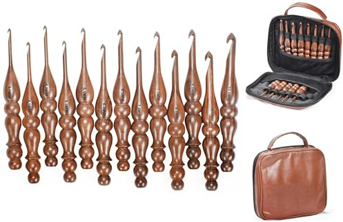 Wooden Crochet Hooks Set of 13 for Arthritic Hands | Ergonomic Soft Grip Handcrafted Knitting Needle for Crocheting and Knitting (Brown (Crochet - 1))