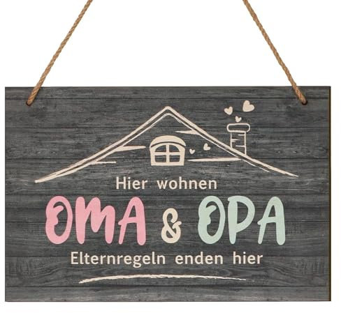 Oma und Opa Geschenk,Dekorative Ornamente aus Holz,Oma Opa Geschenke zum Geburtstag,Blechschilder Spruch,“Hier wohnen OMA OPA Elternregeln enden hier“Geschenk Oma und Opa zum Muttertag Weihnachten