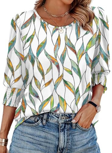 Aokosor Womens Tops 3/4 Sleeve T Shirts for Women UK Crew Neck Tunic Womens Blouses Ladies Tops Size 22-24 Leaf Printing