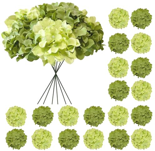 Cherica Flores artificiales de hortensias, 20 piezas de hortensias verdes a granel, flores de hortensia sintética para exteriores, flores de hortensia de seda falsa con tallos para decoración de bodas
