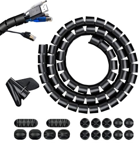 Kabelschlauch Schwarz [4m Länge, Ø28mm] - Flexibler Selbstschließend Kabelkanal mit 16* Silikon Kabelhalter + 1*Drahtführungsclip Kabelschutzschlauch für Büro, Computer/TV Kabelmanagement