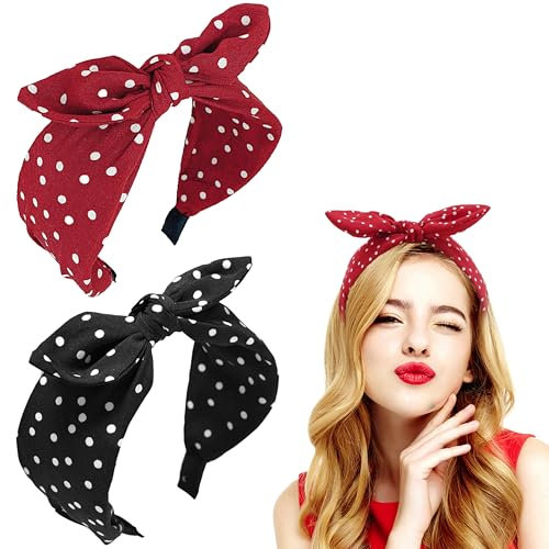 2 Stück Breiter Haarreif Damen mit Polka Dots - French Stirnband Kaninchen Ohren Haar Bands Stoff rutschfest Kopfbedeckungen elastische Twist Haarreifen Hair Styling Tools für beauty (Rot Schwarz)