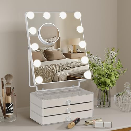 YU YUSING Hollywood Schminkspiegel mit Beleuchtung, Kosmetikspiegel mit Schmuckkästchen 3 Schubladen, 360-Grad-Drehung, 12 Dimmbar LED Licht 3 Modi, Tischspiegel mit 3 Schubladen Samt 25X30CM