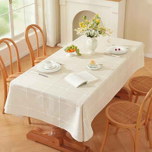 Plenmor Leinen Tischdecke Abwaschbar 180x135cm, Leinenoptik Tischdecken Baumwolle Party Tischdecke Weiß für Küche, Tischdeckn Outdoor
