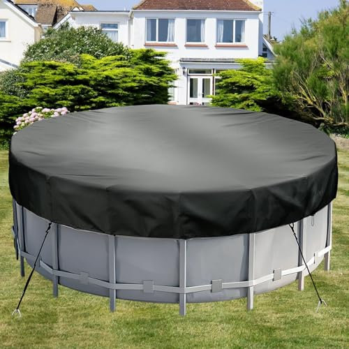 Protection de Piscine Ronde 12 ft (366CM) – Housse Anti-poussière Jardin 420D Oxford avec Cordon de Serrage, étanche, Cordes Anti Vent et piquets