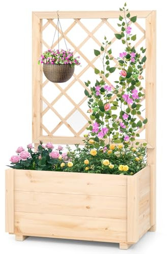 GOPLUS Jardinière Surélevée avec Treillis, Lit de Jardin en Bois de Sapin, Trou Drainage pour Vigne Grimpante Fleurs Fruits, Décoration pour Jardin Maison, Naturel (58x35x101cm)