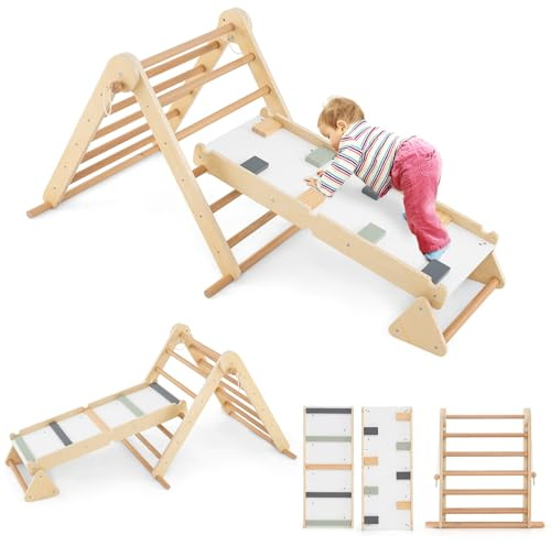 COSTWAY Set di Arrampicata per Bambini 3 in 1, Arrampicata in Legno Pieghevole con Rampetta a Doppia Faccia e Triangolo di Arrampicata Regolabile, Triangolo Montessoriana per Bambini 3+ Anni