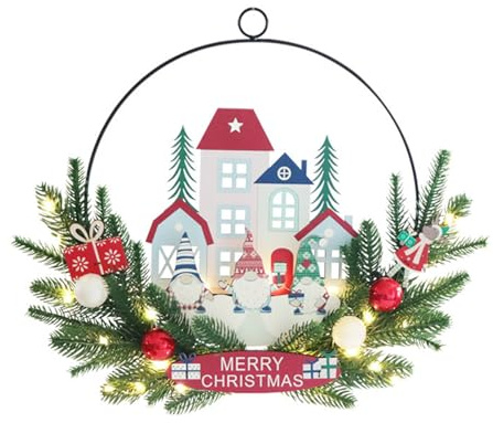 Incantevole ghirlanda da appendere alla porta d'ingresso con Babbo Natale illuminata a LED, in legno, decorazione per interni ed esterni