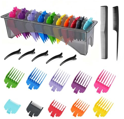 CXRYLZ-FUR 10pcs Color Aufschiebekämme Set mit Aufbewahrungsbox, Barber Clippers für die meisten Wahl, Professionelle Barber Zubehör für Home Barber - 1/16 bis 1 (mit 7pcs Kämme und Haarclips)