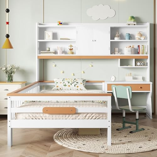 I0I&I0I Kinderbett 90x200 cm mit Schrank, Tisch & Schubladen – L-Form Stauraumbett mit Lattenrost & Schutzplatte – Platzsparendes Bett für Kinderzimmer in Weiß+Natur aus Kiefer & MDF (Stil 1)