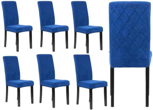 MILLIES DESIGN Set of 6 ISABELLA Luxury Velvet Dining Chairs, Luxury Velvet Chairs Diamons stiching back panel, wooden legs (BLUE VELVET)