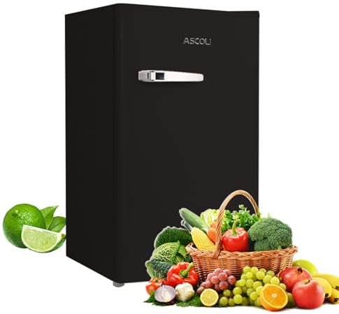 ASCOLI 85L Retro Refrigerator, Under Counter Fridge, 48cm Wide | Retro Design,Direct Cooling,Led Light, Metal Handle, Low Noise Level,Classic Black, Mechanical Control