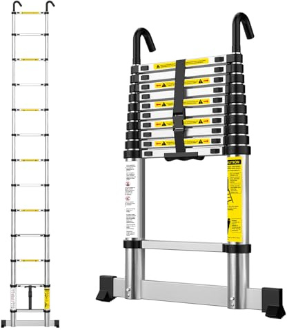 EASelect Telescopic Ladder 3.8M Aluminium Extension Loft Ladder with Stabilizer Bar, Non-Slip Feet and Detachable Hooks, EN131, Portable Extendable Folding Ladders for Roof, Attic, Caravan