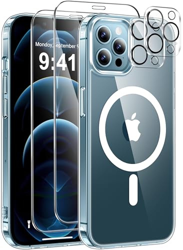 ivencase Magnetic for iPhone 12 Pro Case with 2 Pack Screen Protector and 2 Pack Camera Lens Protector, Compatible with MagSafe, Shockproof Protective Clear Back Phone Case for 12 Pro 6.1 -Clear