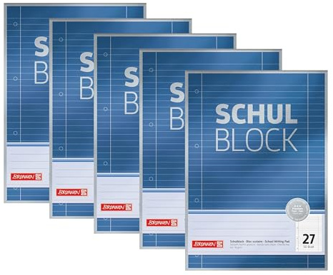 BRUNNEN 1052627 Schulblock/Notizblock Premium (A4, 50 Blatt, liniert, mit Randlinien, Lineatur 27, gelocht, kopfverleimt, 90g/m²) (5, blau)